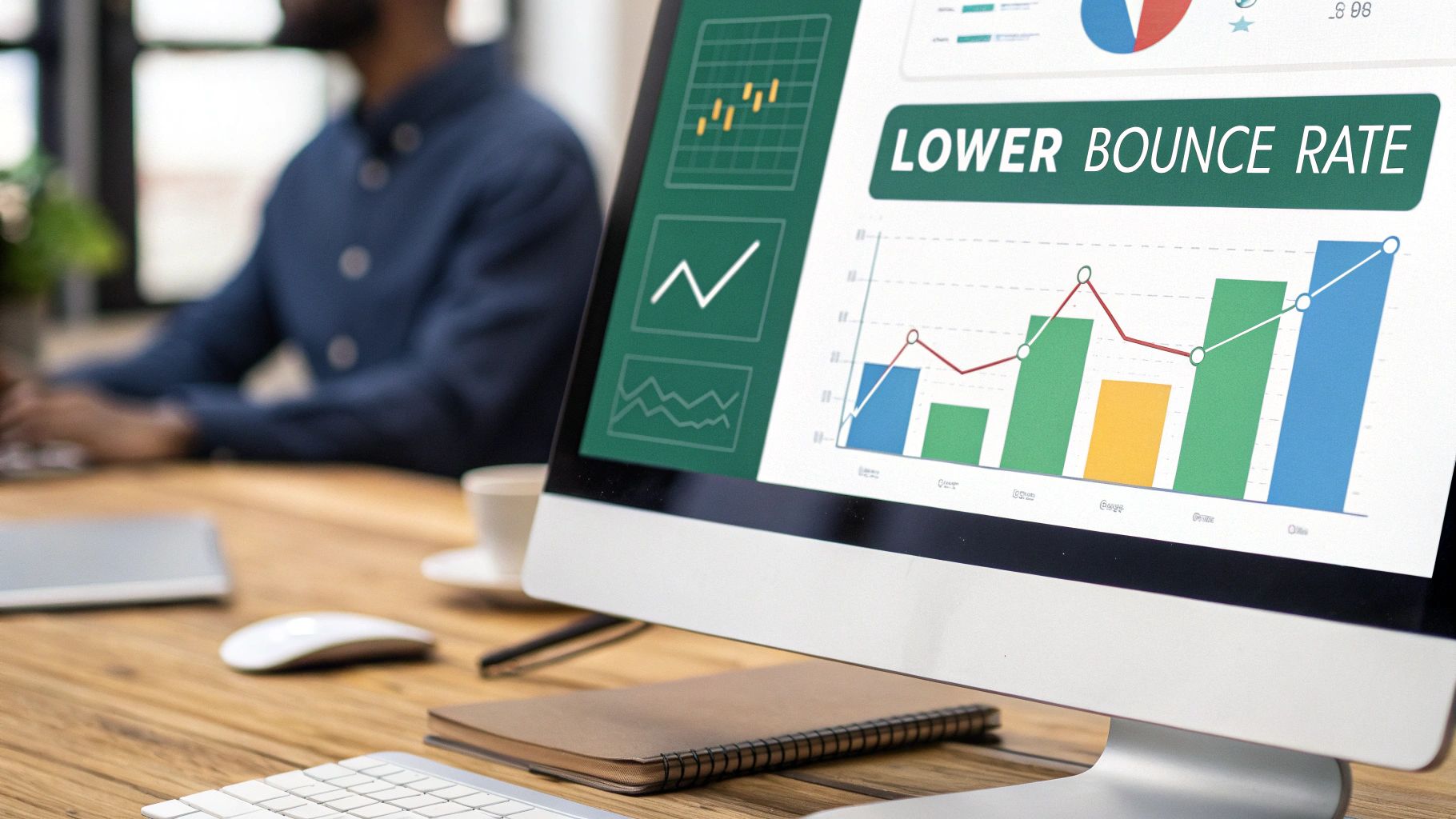 A computer screen shows data and graphs indicating a lower bounce rate, with a person working.