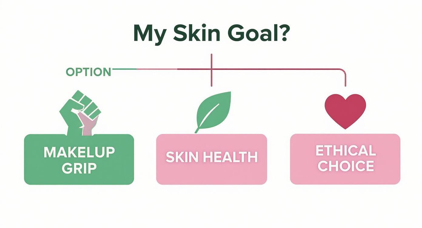 A diagram titled 'My Skin Goal?' presenting three options: makeup grip, skin health, and ethical choice.