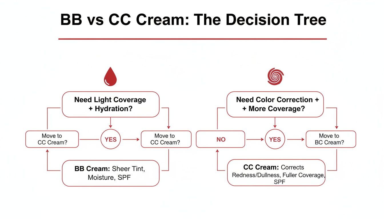A decision tree flowchart comparing BB Cream vs CC Cream based on coverage, hydration, and color correction needs.