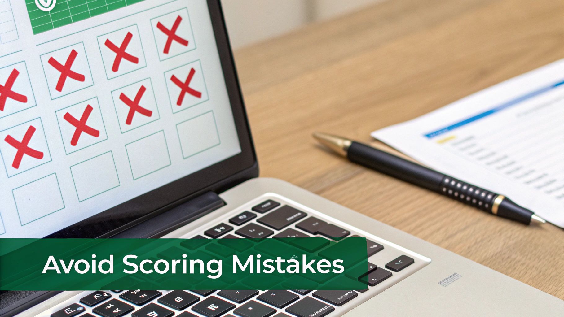 Laptop showing test results with red X marks, pen, and document, emphasizing avoiding scoring mistakes.
