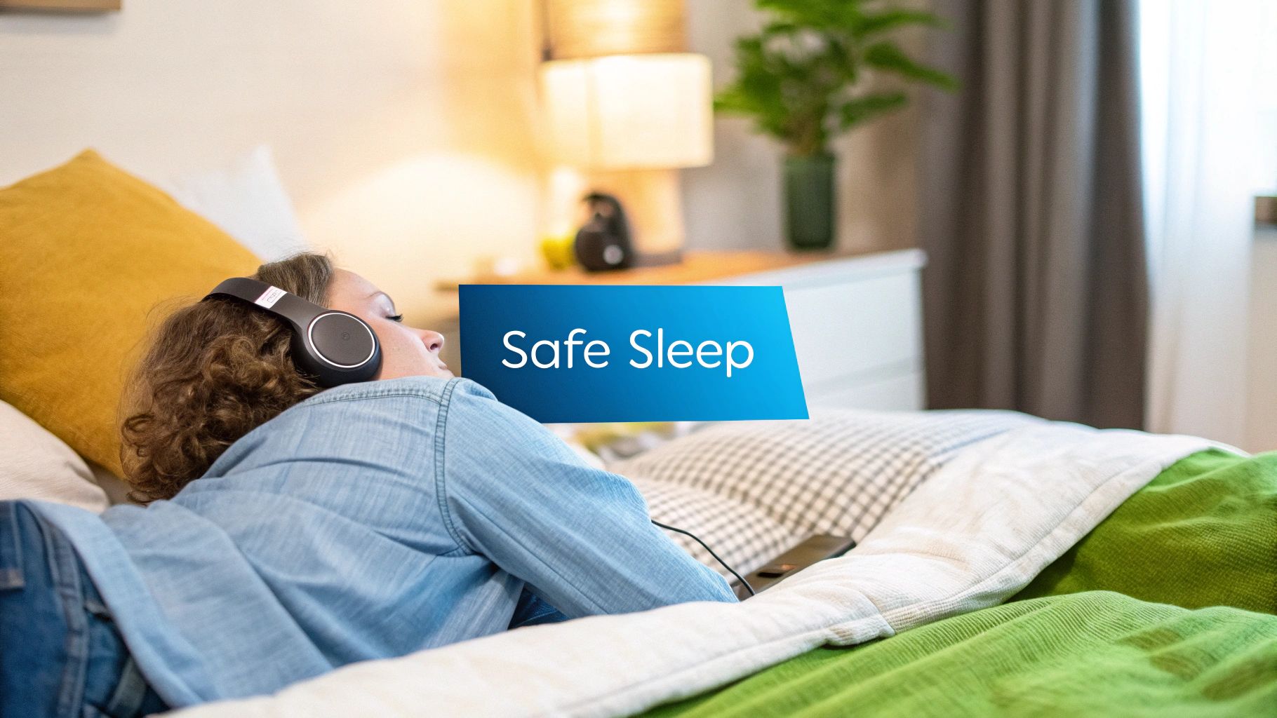 A person sleeping peacefully in bed while wearing comfortable sleep headphones.