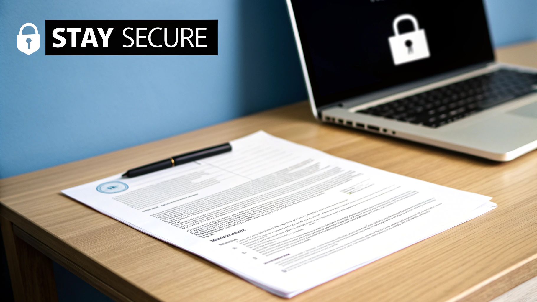 A laptop screen displays a lock icon and "STAY SECURE" text next to documents and a pen on a wooden desk, symbolizing data security.