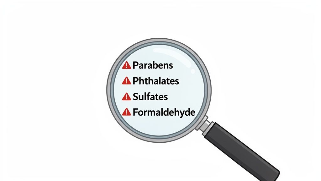A magnifying glass highlights a list of harmful chemicals: Parabens, Phthalates, Sulfates, Formaldehyde, each with a warning symbol.