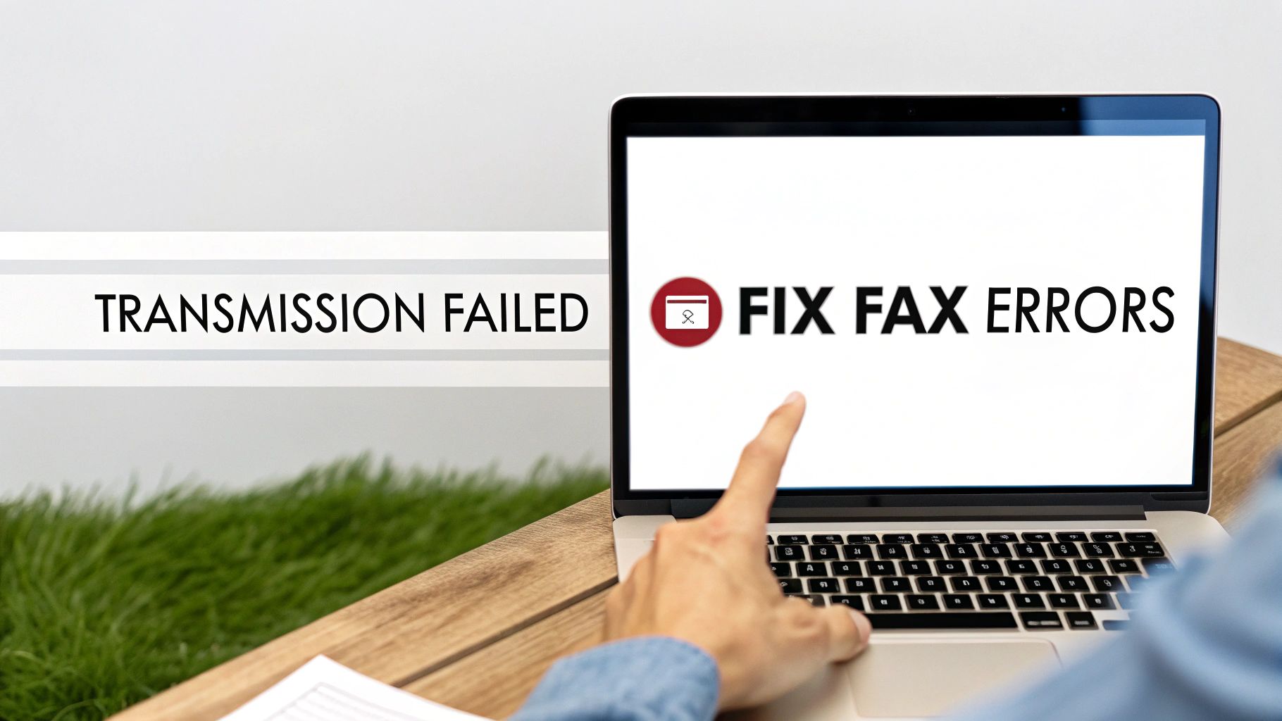 Person pointing at a laptop screen displaying 'FIX FAX ERRORS' following a 'TRANSMISSION FAILED' message.