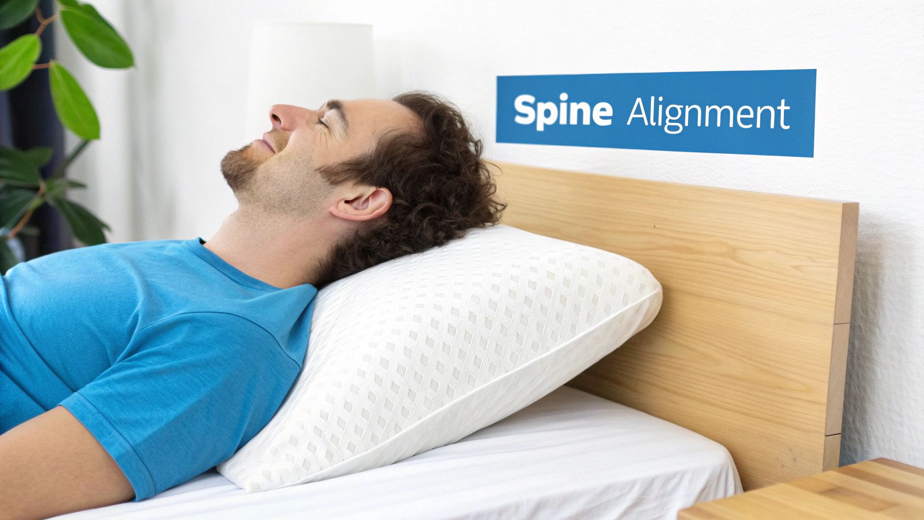 Man lying on wedge pillow demonstrating proper spine alignment for back sleepers