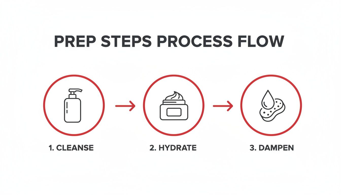 Visual process flow outlining three prep steps for skincare: cleanse, hydrate, and dampen, with icons.