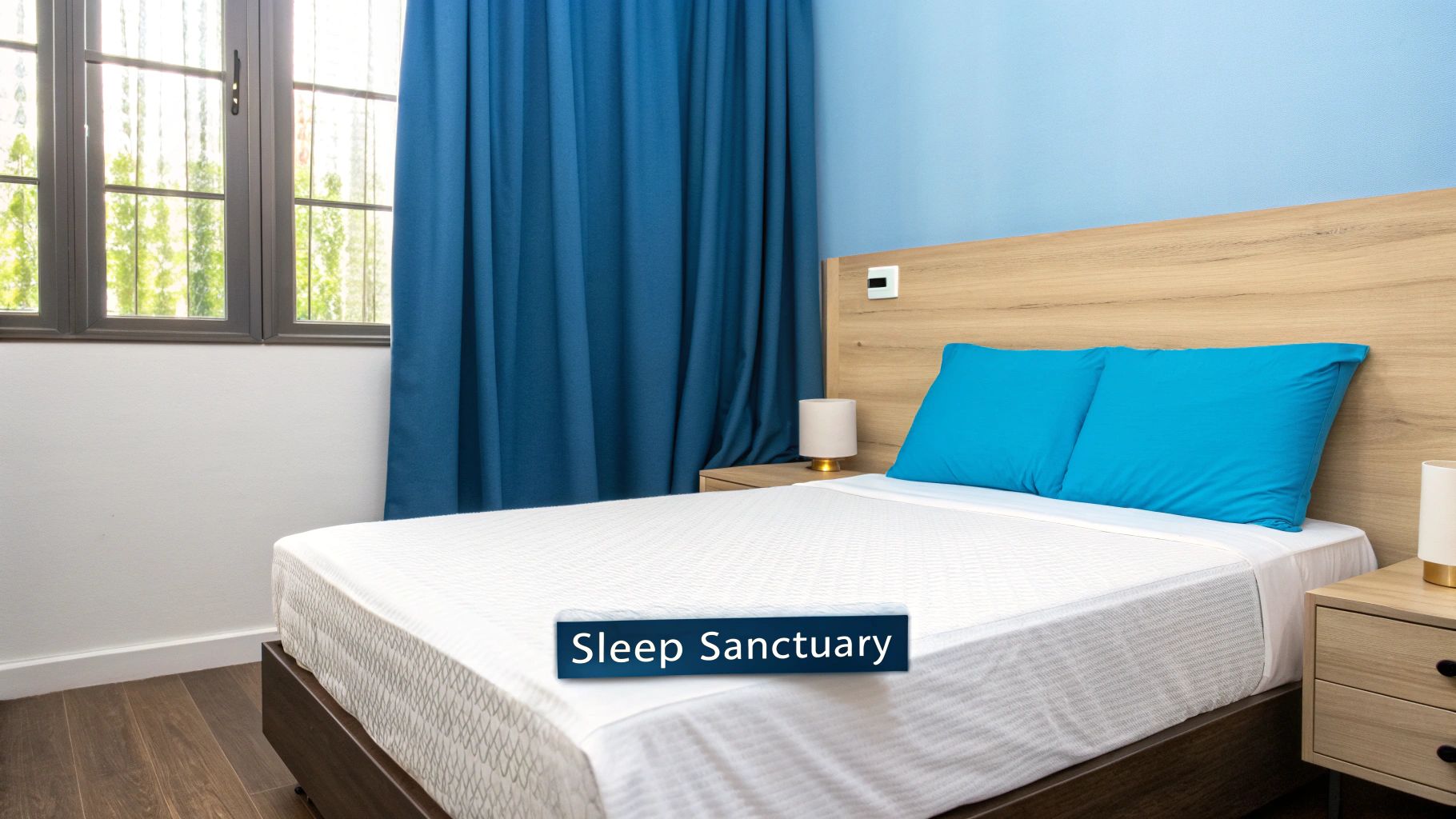 A serene bedroom with a neatly made bed, soft lighting, and clean decor, promoting a sense of calm.