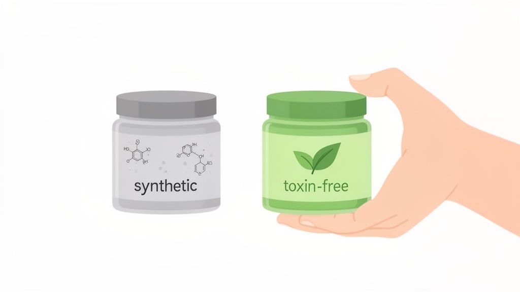 A hand holds a green 'toxin-free' product jar, contrasting with a grey 'synthetic' jar.