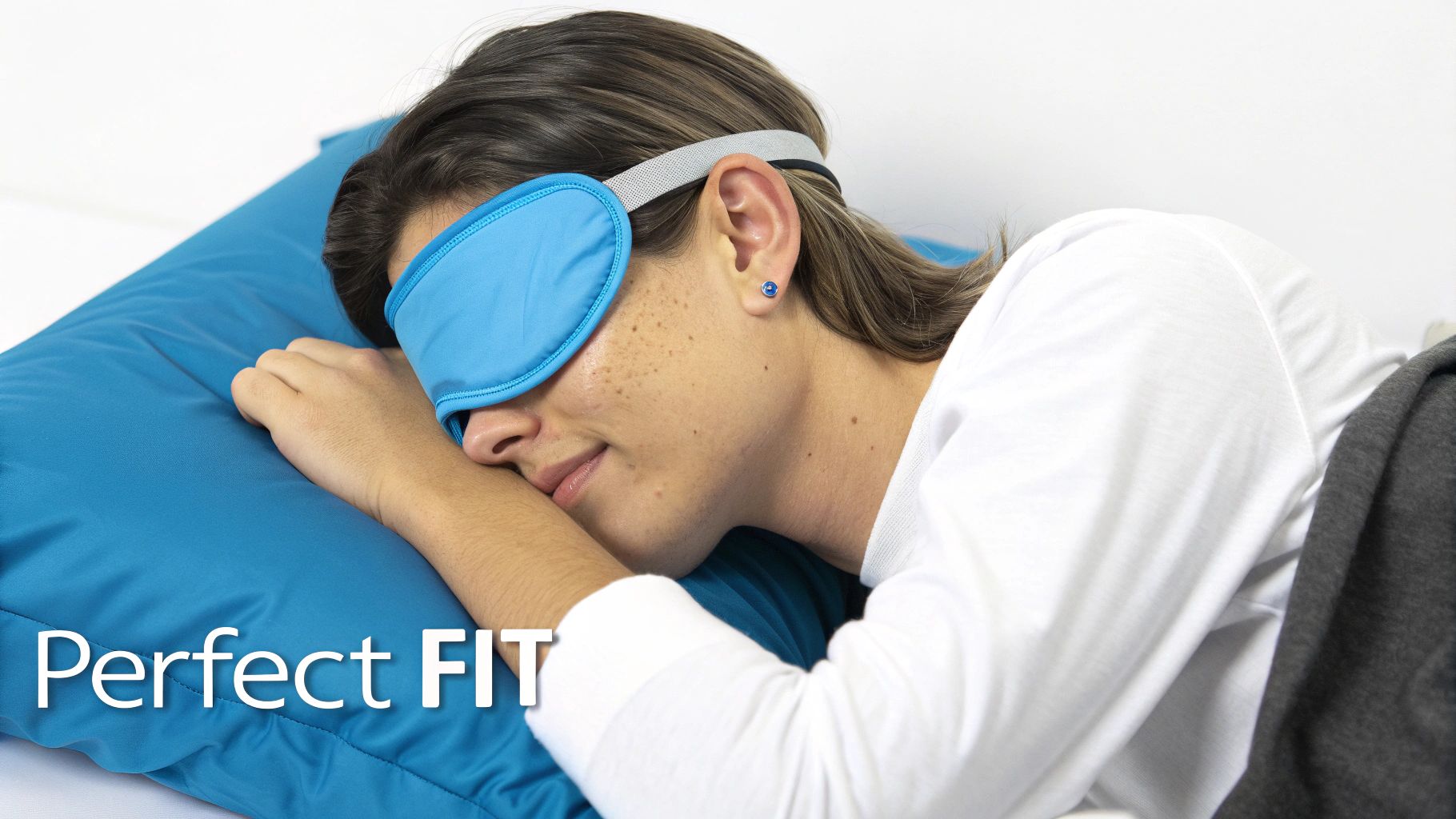 A young person peacefully sleeps on their side, wearing a blue sleep mask and resting on a blue pillow.