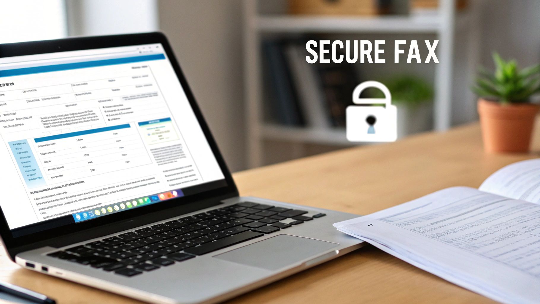 An office worker is sending a fax online using a modern computer, symbolizing the blend of old and new technology.