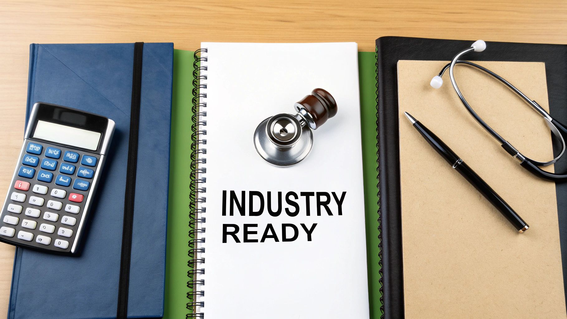A calculator, notebooks, stethoscope, and pen on a wooden desk with the text 'Industry Ready'.