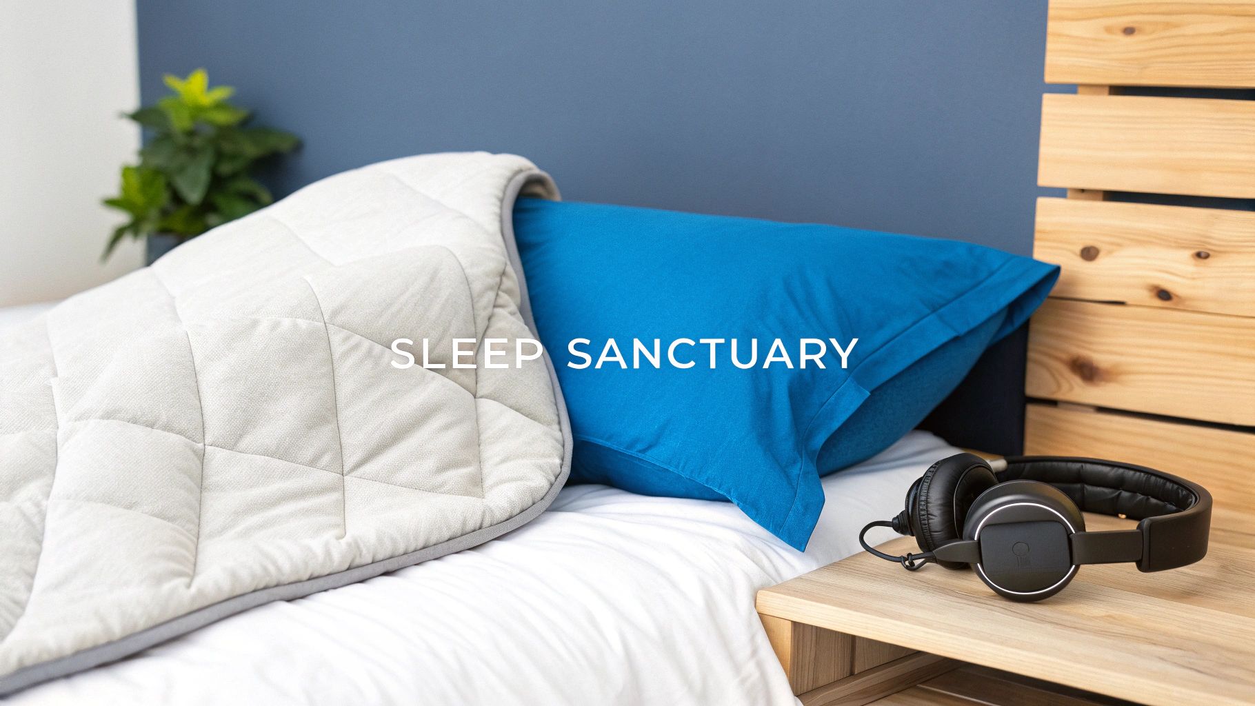 A cozy bedroom scene with a gray quilted weighted blanket, blue pillow, and black headphones.