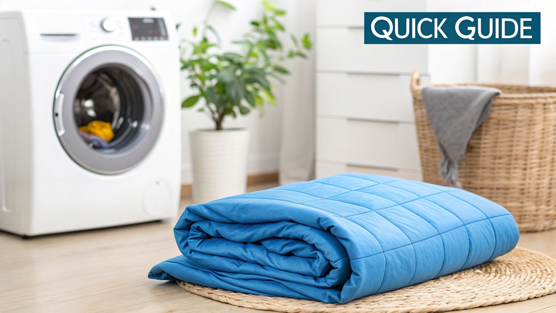 A close-up shot of the textured fabric and stitching of a weighted blanket