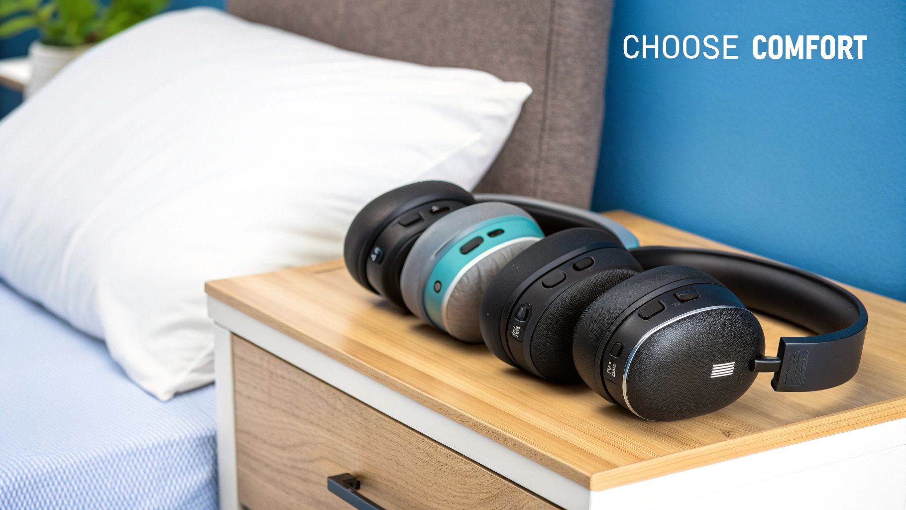 A person comfortably wearing sleep headphones while relaxing in a softly lit room.
