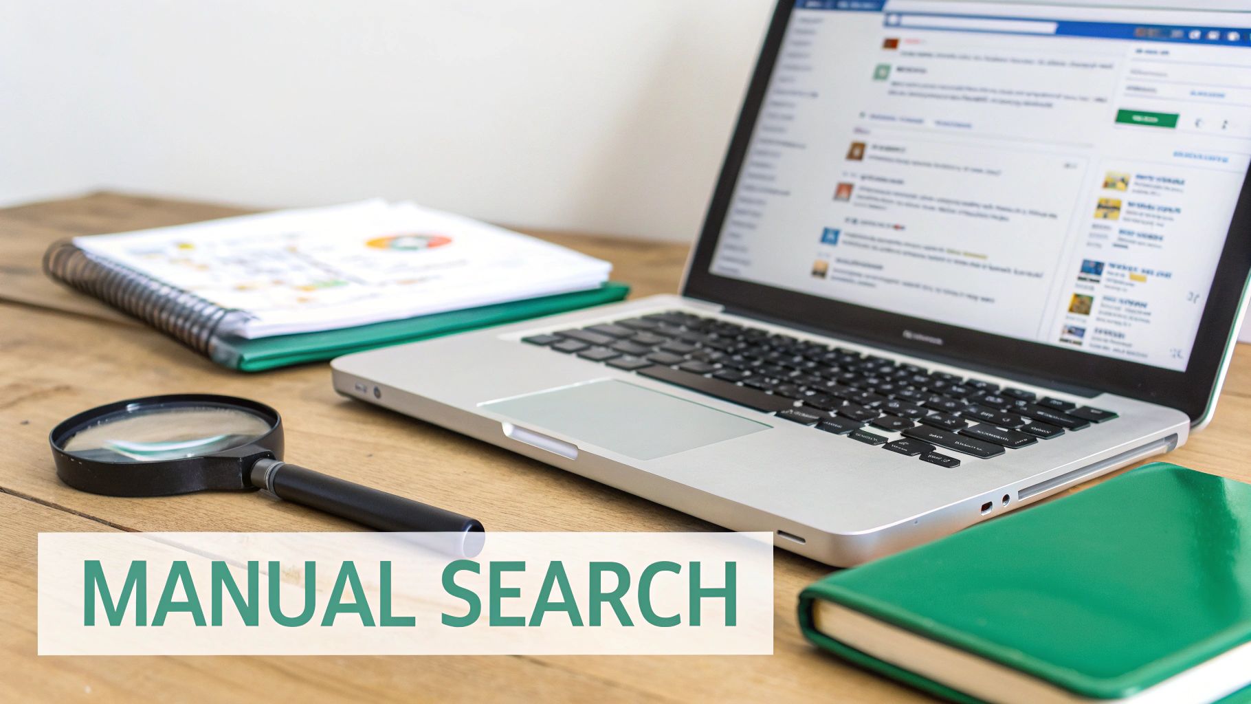A desk setup with a laptop, magnifying glass, and notebooks, illustrating a manual search process.