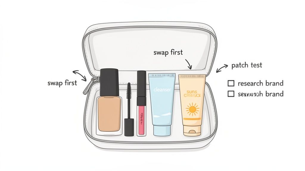 An open white cosmetic bag holds various beauty products, illustrating steps like 'swap first' and 'patch test'.