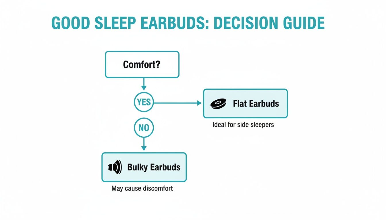 A decision guide flowchart for good sleep earbuds, recommending flat earbuds for comfort and side sleepers.