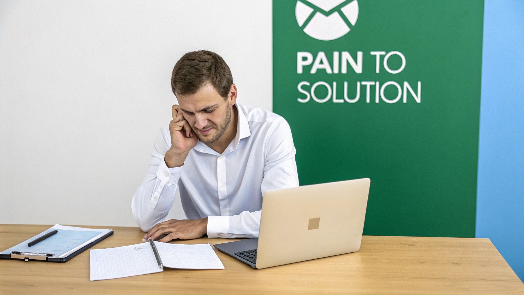 A business man looking frustrated at his laptop, searching for a solution at his desk.