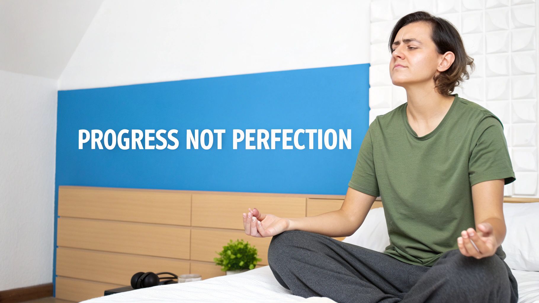A serene person meditating on a bed, with 'PROGRESS NOT PERFECTION' on the blue wall.