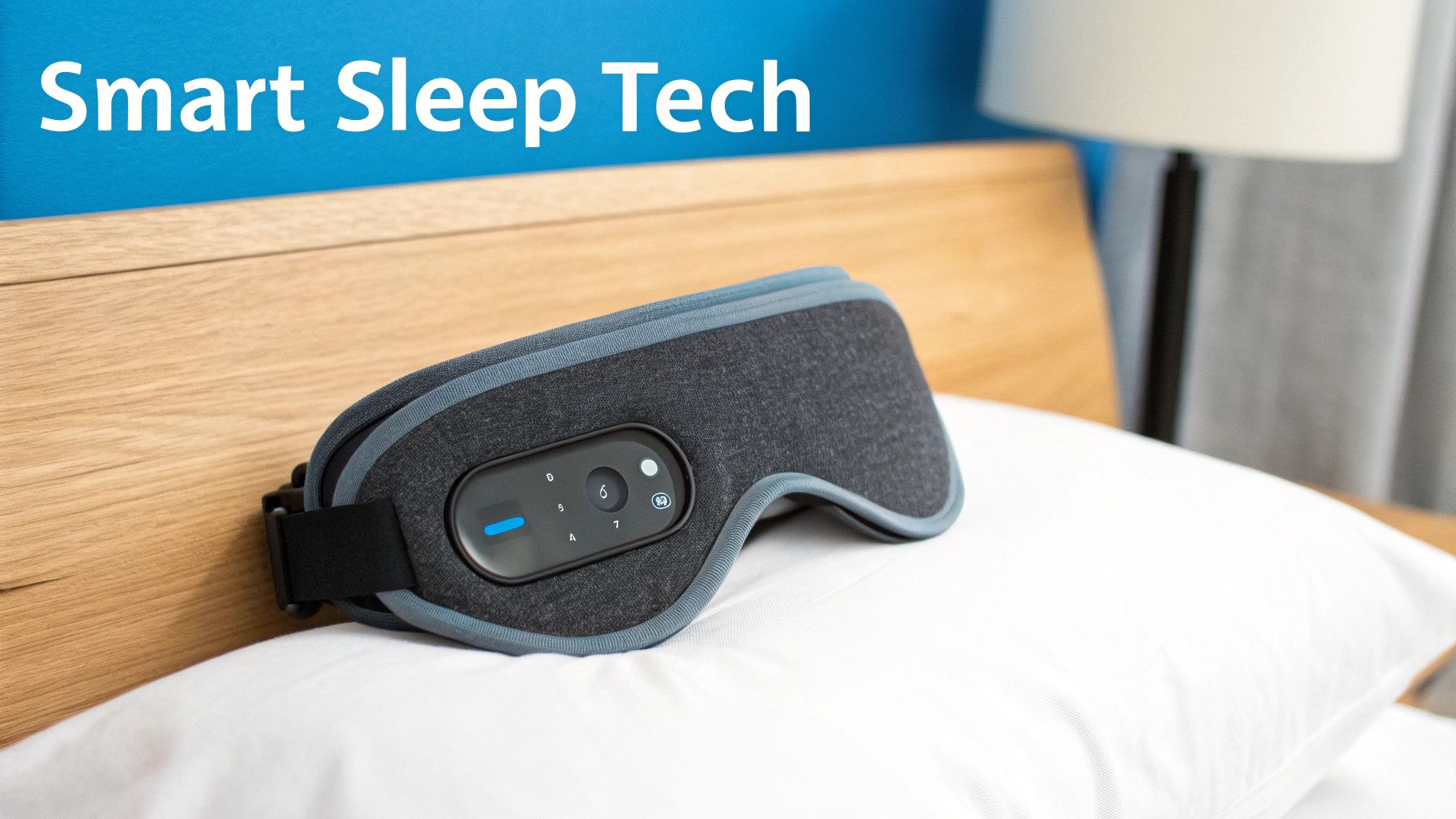 A modern dark grey smart sleep mask with an illuminated blue light rests on a white pillow.