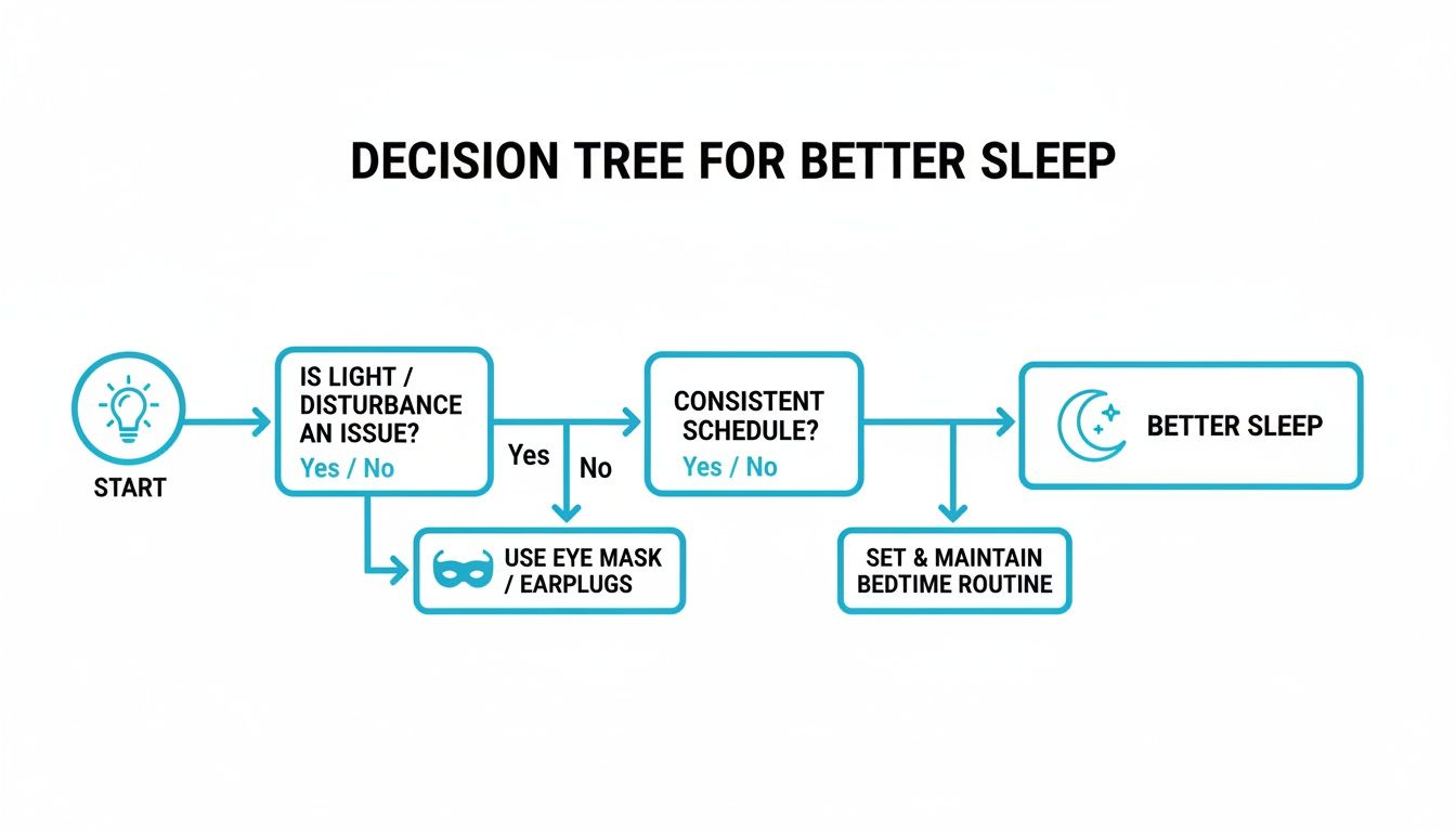 Flowchart for better sleep, addressing light, disturbances, and consistent bedtime routines.