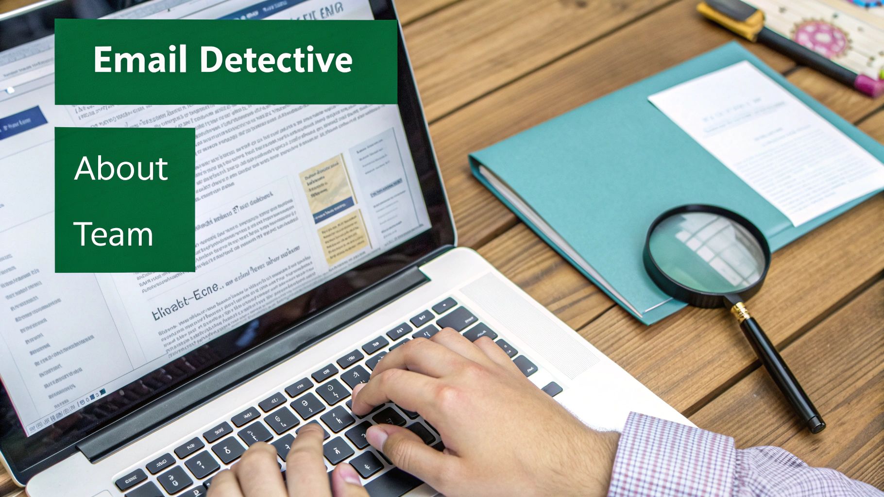 A person typing on a laptop with 'Email Detective' on screen, a magnifying glass and documents nearby.