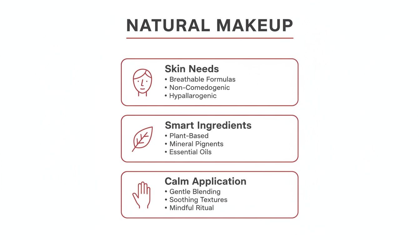 Infographic outlining key benefits of natural makeup, focusing on skin needs, ingredients, and application.