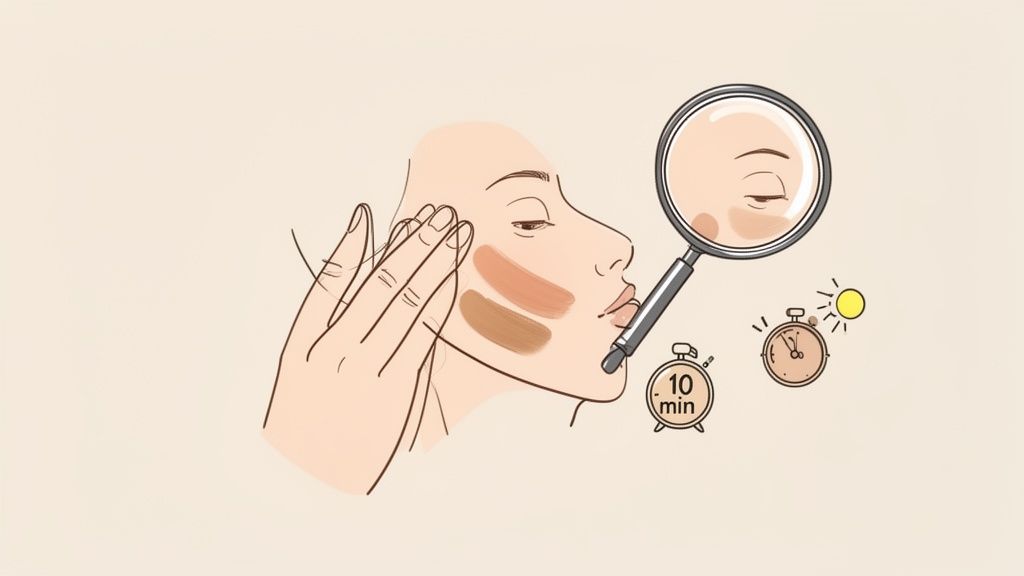 Illustration of a person testing makeup shades on their cheek with a magnifying glass and timers.