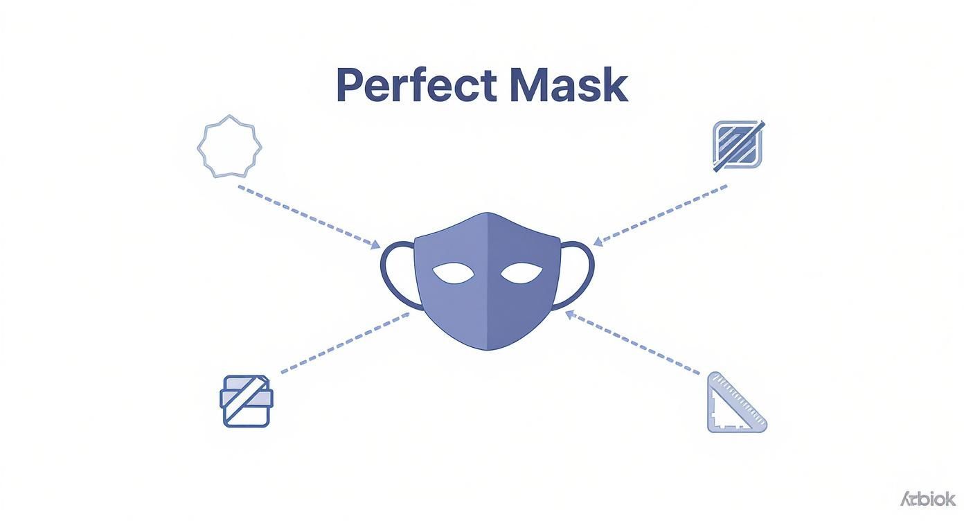 Face mask design diagram showing customization features including shape, material, filters and measurements for perfect fit