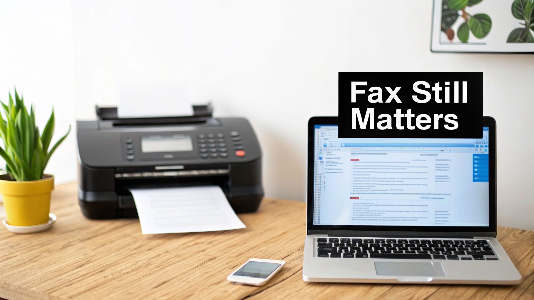 A modern home office setup with a fax machine, laptop, smartphone, and a plant, emphasizing the relevance of fax.
