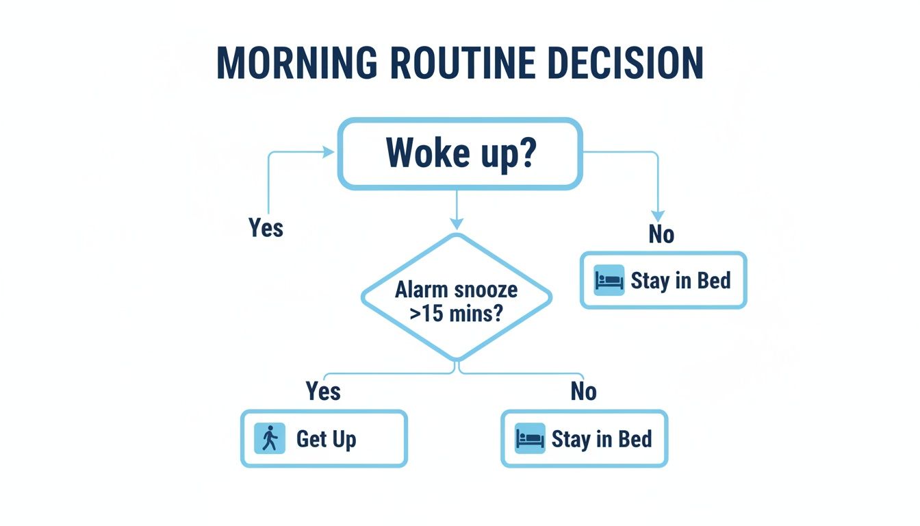 Flowchart illustrating morning routine decisions, including waking up and alarm snooze time.