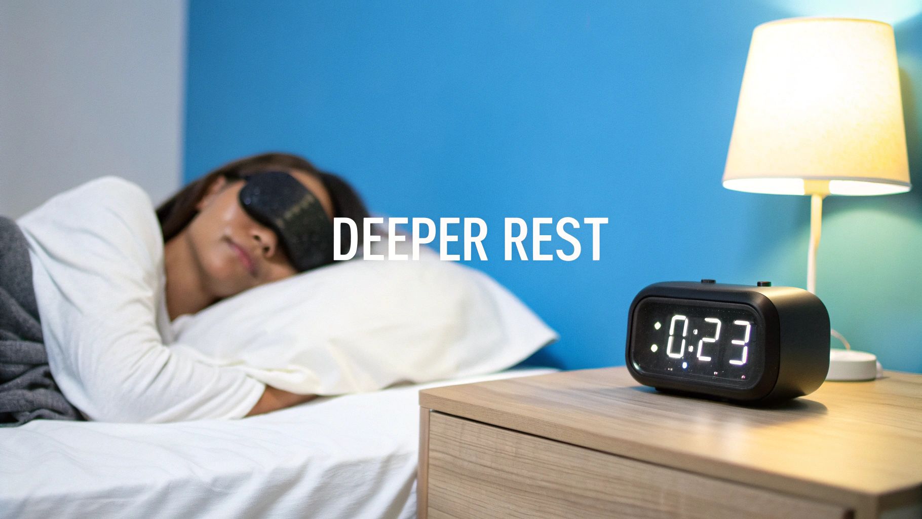 A person wearing a black sleep mask is resting comfortably in bed with a digital alarm clock nearby.