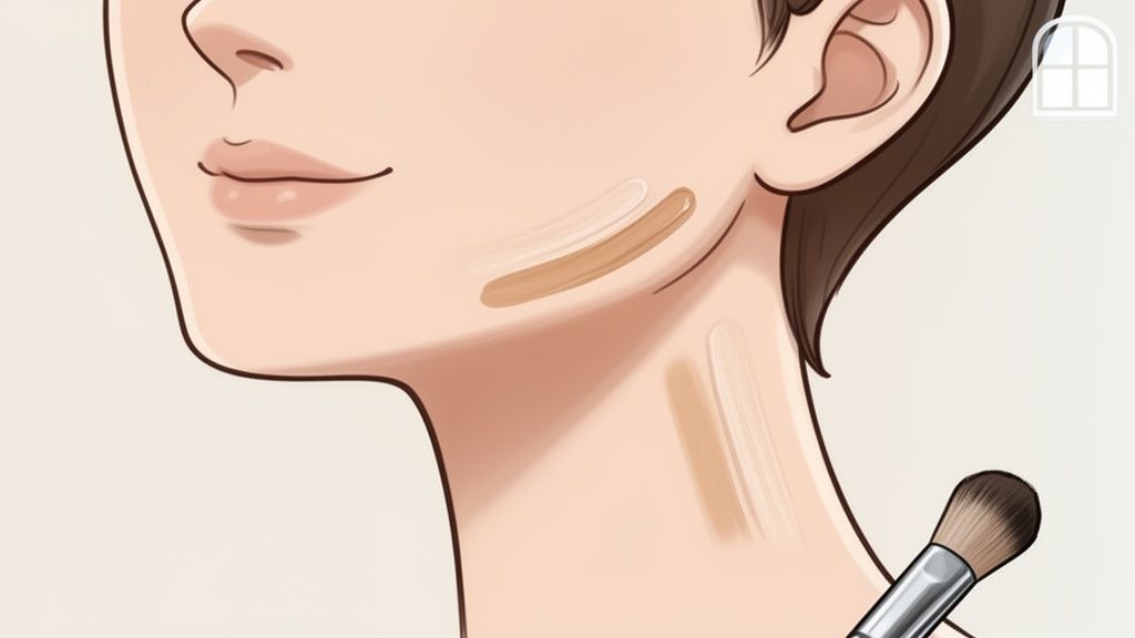 Illustration of a person testing different foundation shades on their cheek and neck with a makeup brush.