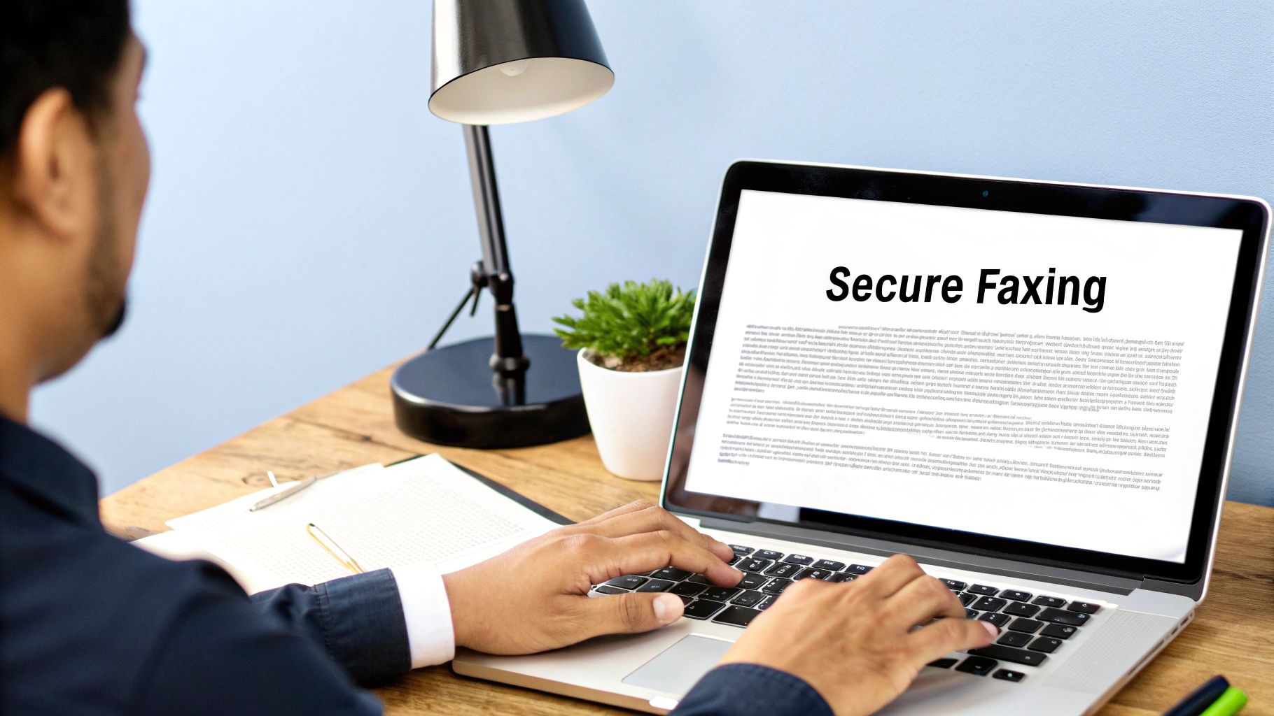 A person works on a laptop at a wooden desk, with 'Secure Faxing' displayed on the screen.