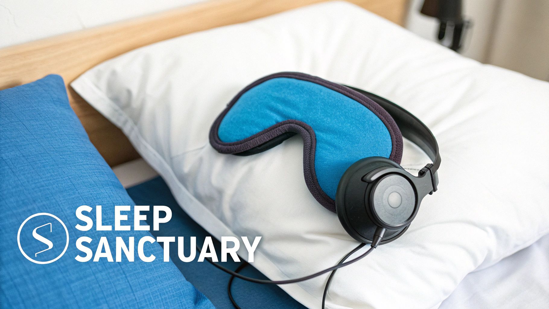 A blue sleep mask and black headphones rest on a white pillow, next to a blue pillow.
