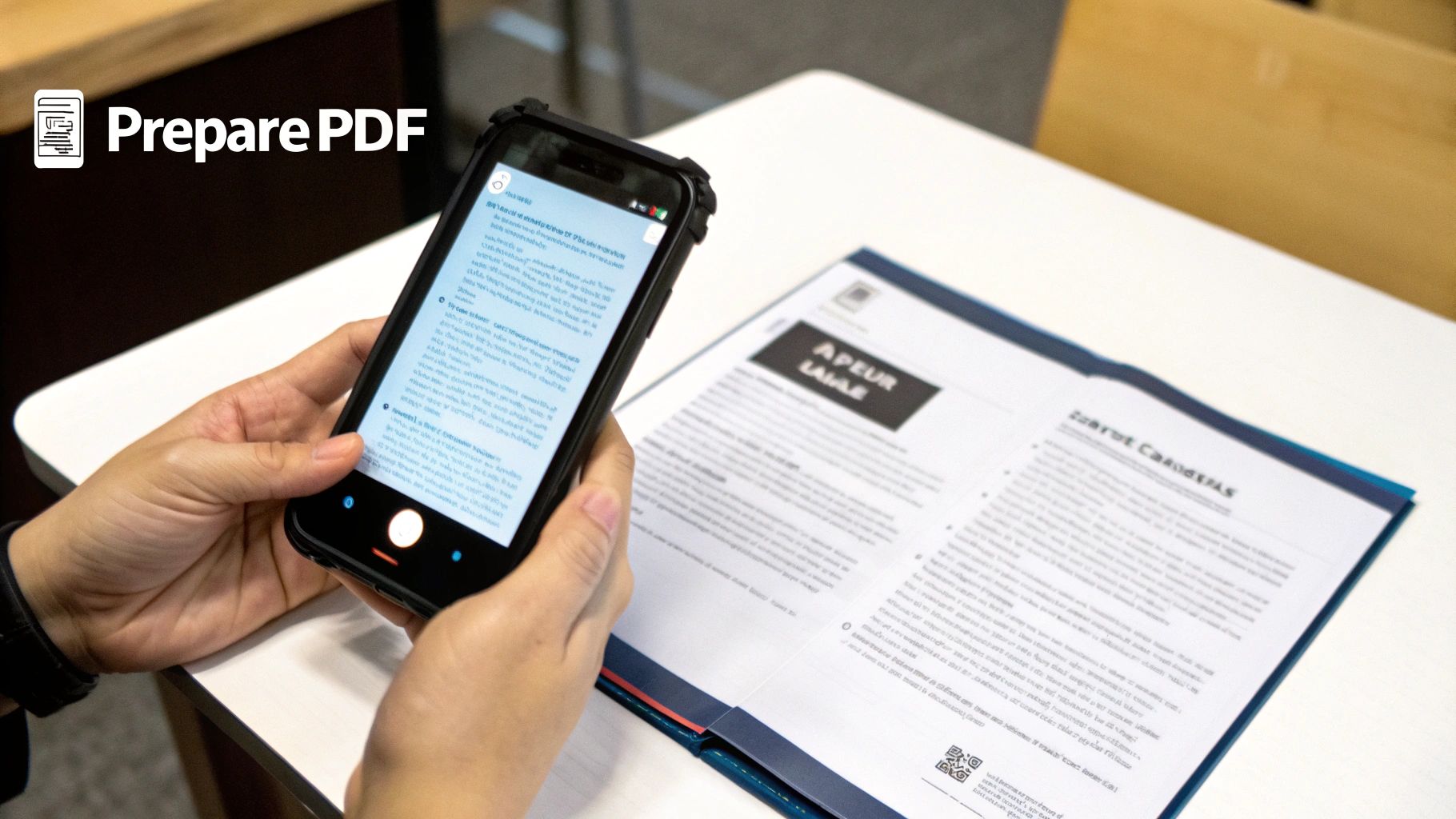 A person holds a smartphone using a document scanning app to prepare a PDF from a paper document on a table.