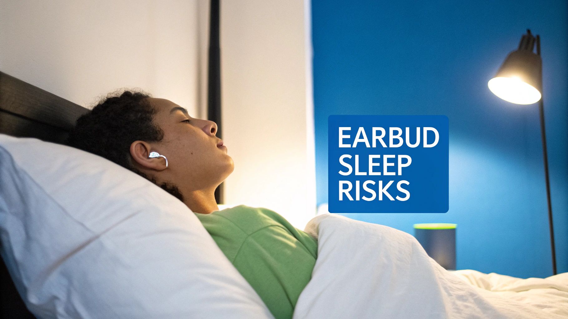 A person with curly hair sleeps in bed with white earbuds in their ear, next to a blue wall.
