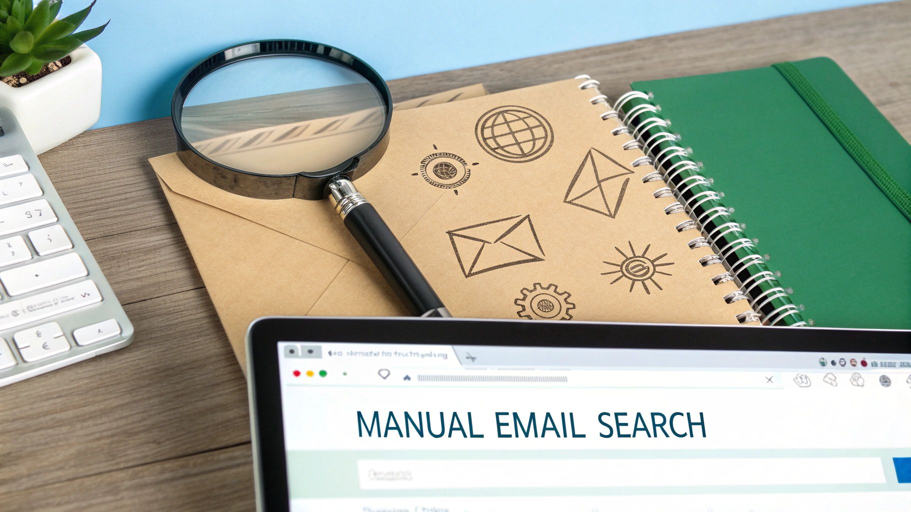 A flat lay of a desk with a laptop showing 'MANUAL EMAIL SEARCH', magnifying glass, and notebooks.