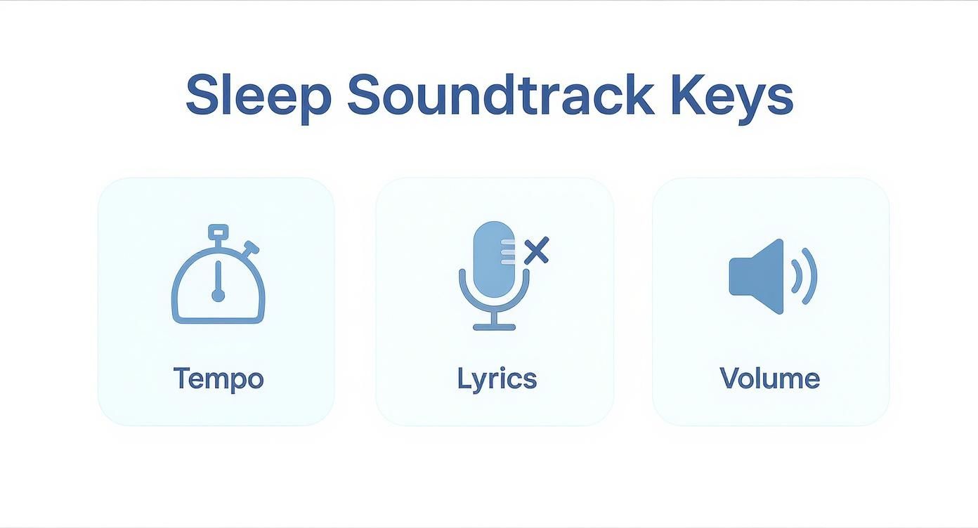 Three sleep soundtrack control icons: a stopwatch for tempo, a muted microphone for lyrics, and a speaker for volume.