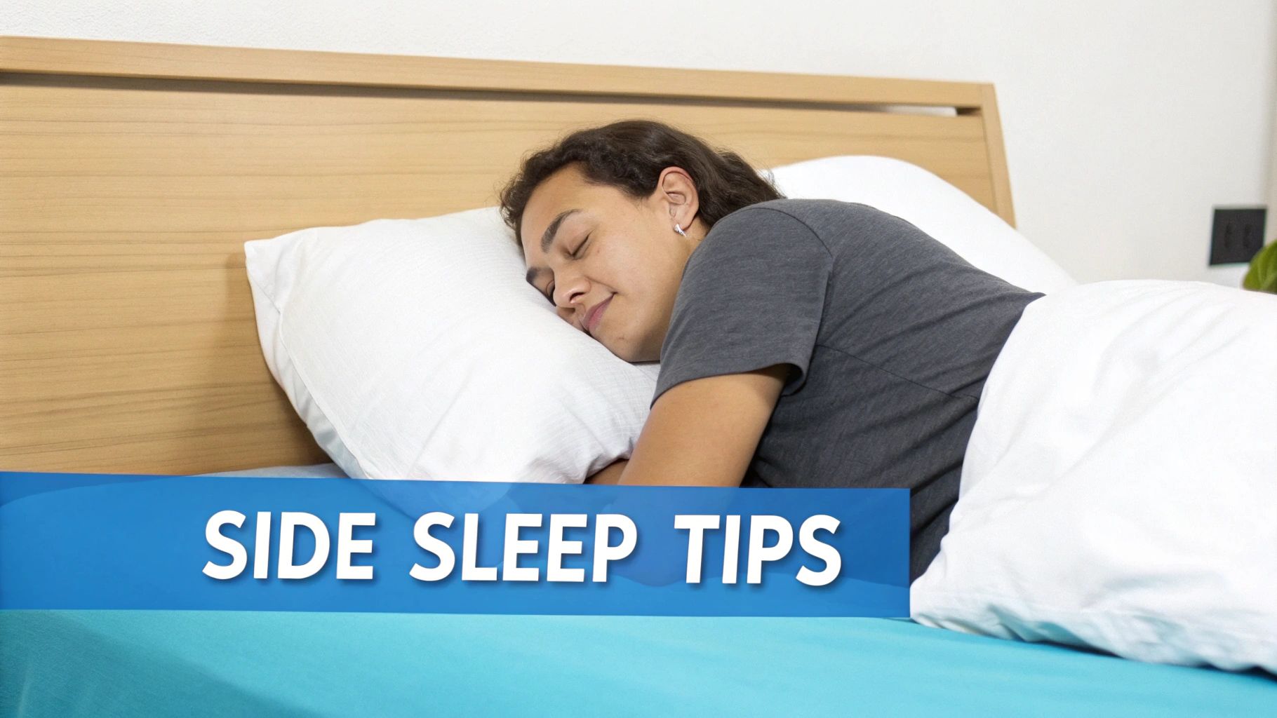 A person happily sleeping on their side in a cozy bed with a white pillow and blue sheet.