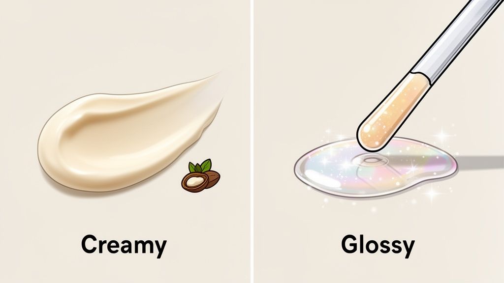 Creamy lip balm with nourishing nuts contrasts with shimmering glossy lip gloss being applied.