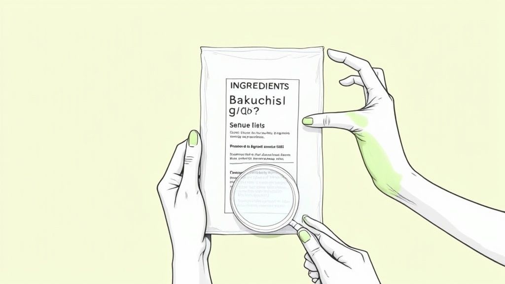 A person closely examining the ingredient label on a clean beauty product