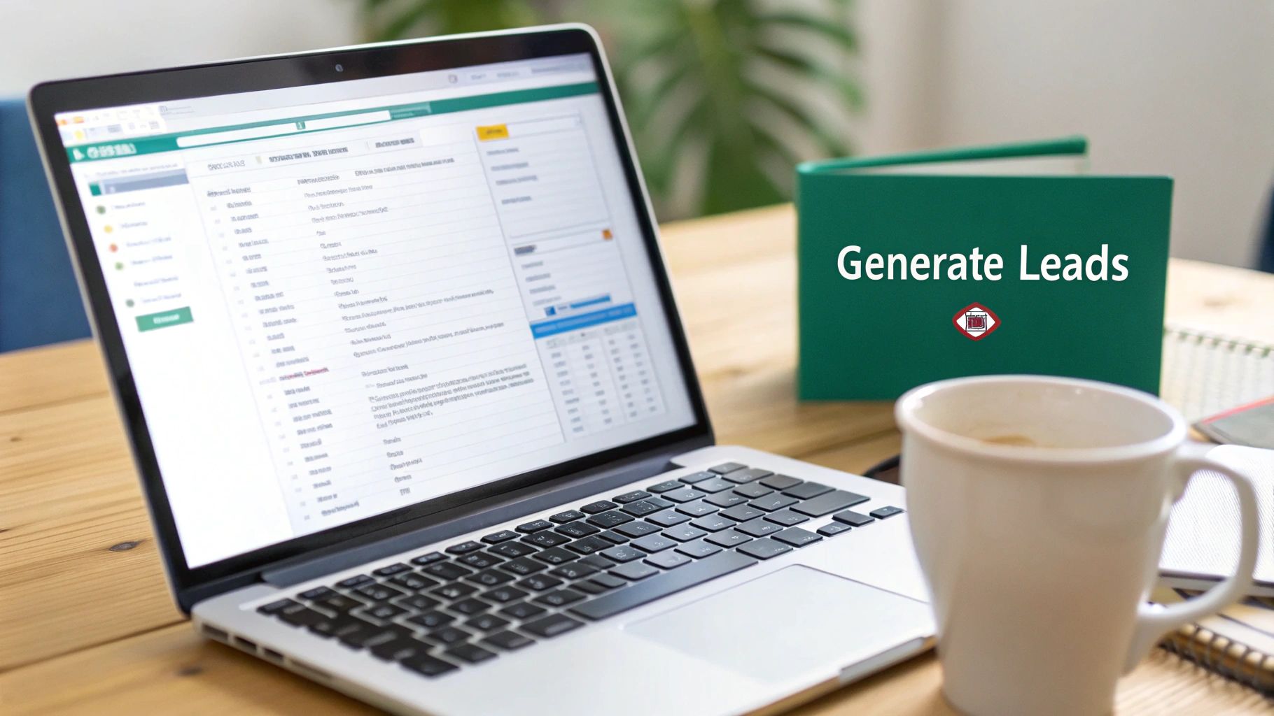 Workspace with a laptop displaying lead generation software, a coffee mug, and a 'Generate Leads' book.