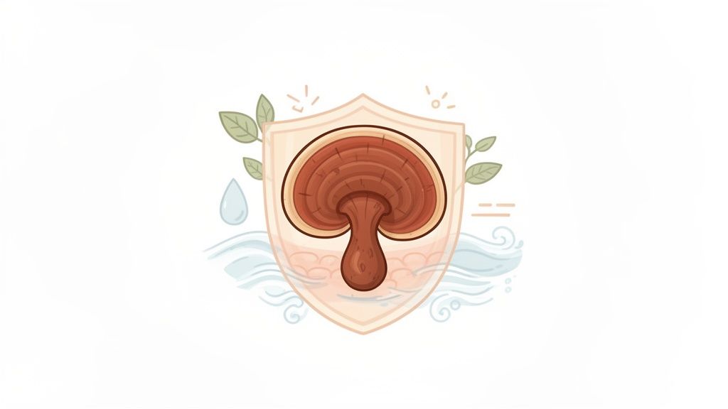 Illustration of a protective shield containing a Reishi mushroom, surrounded by leaves and water.
