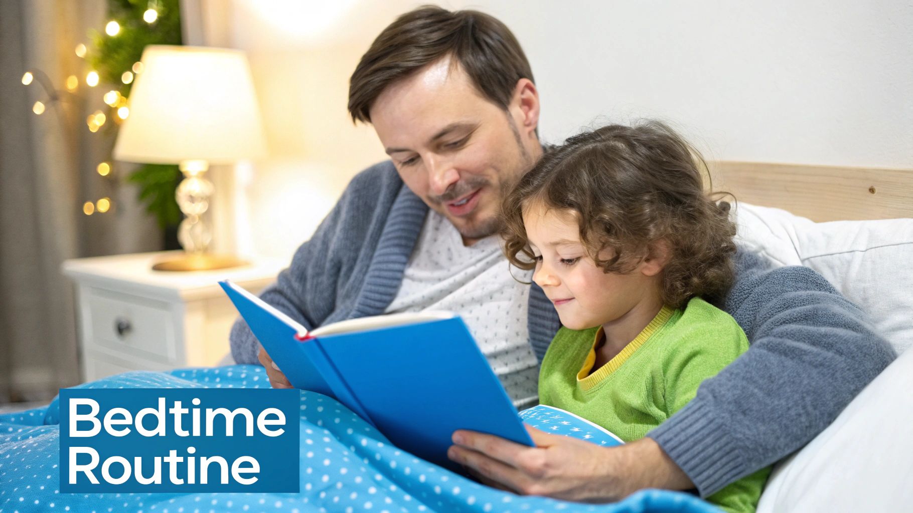 A parent and child reading a book together in bed, creating a calm atmosphere.