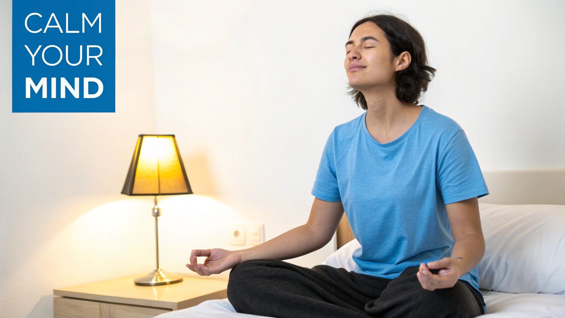 A serene person meditates on a bed next to a warm lamp, with 'CALM YOUR MIND' text.