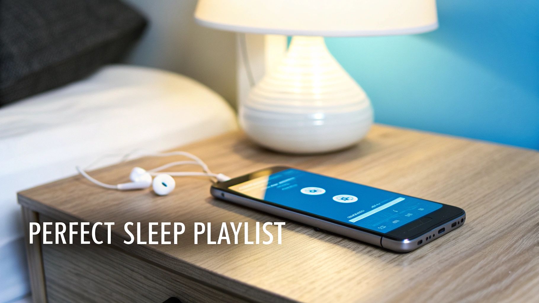 A smartphone with connected earphones on a wooden nightstand, illuminated by a bedside lamp, promoting a 'perfect sleep playlist'.