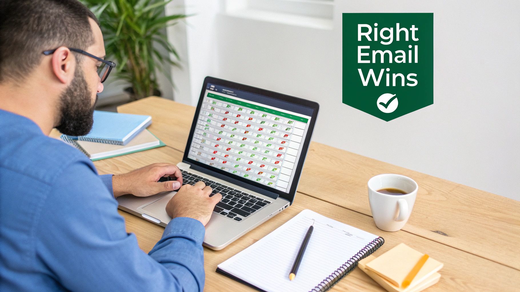 A man types on a laptop showing email analytics, with a 'Right Email Wins' badge.