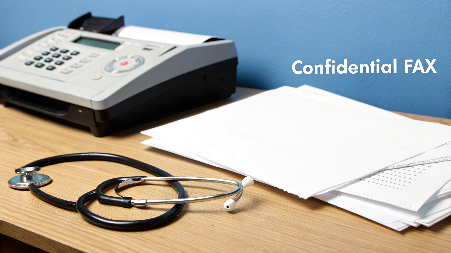A fax machine, stethoscope, and stack of papers on a wooden desk with 'Confidential FAX' text.