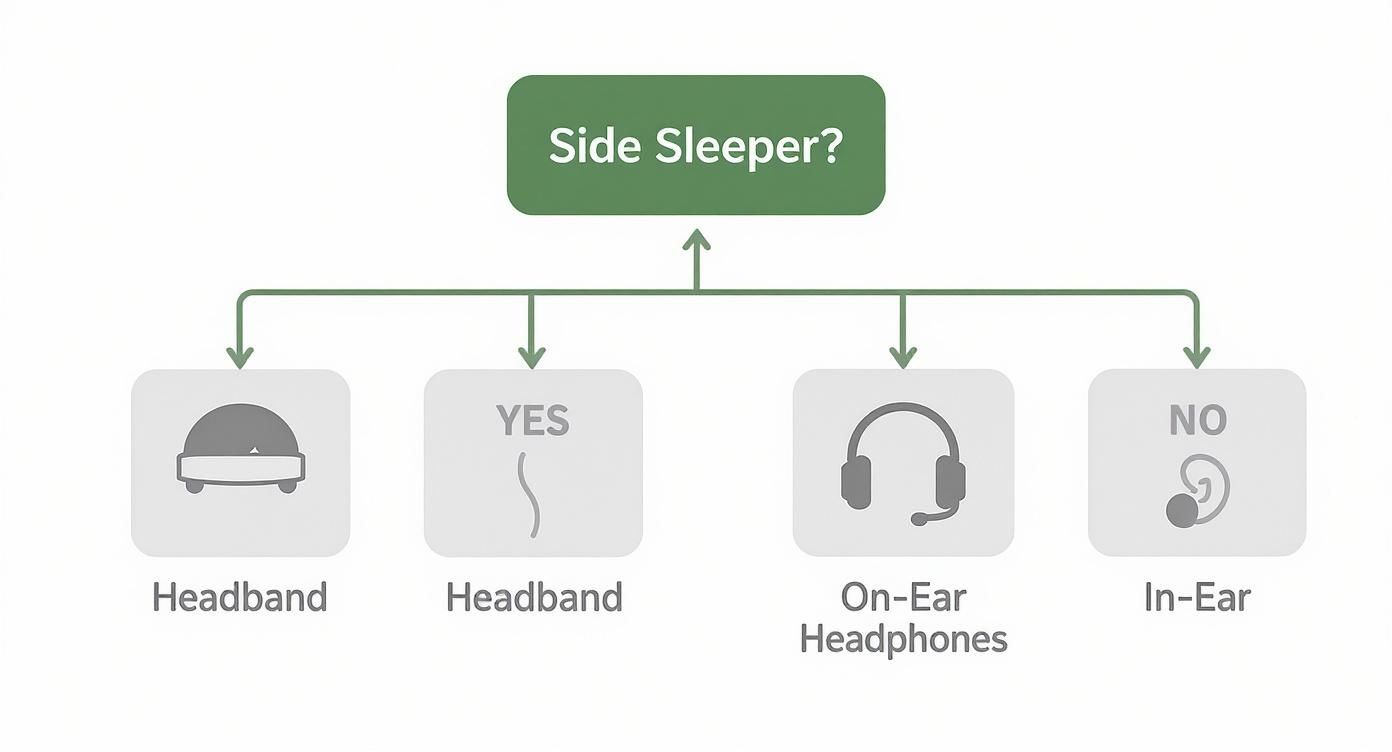 Flowchart guiding headphone selection for sleepers, indicating suitable types like headbands and in-ear for side sleepers.